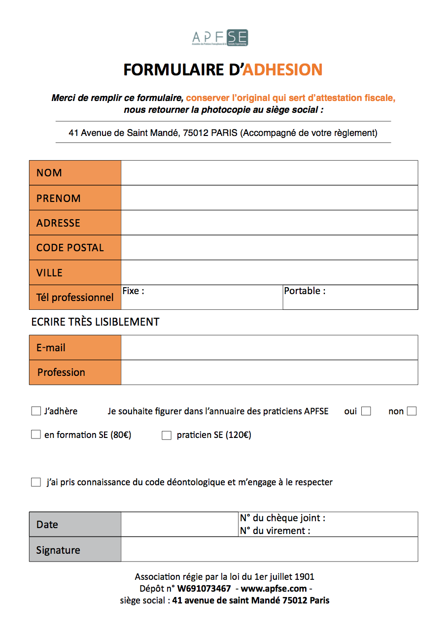Formulaire Dadhesion Apfse Apfse Association Des Praticiens